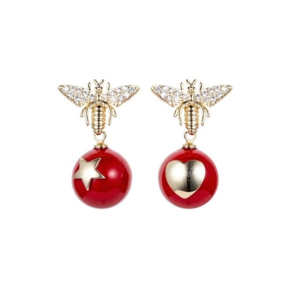 EYECANDY LOS ANGELES Red & Gold Dangle Bee Earrings - Picture 1 of 6